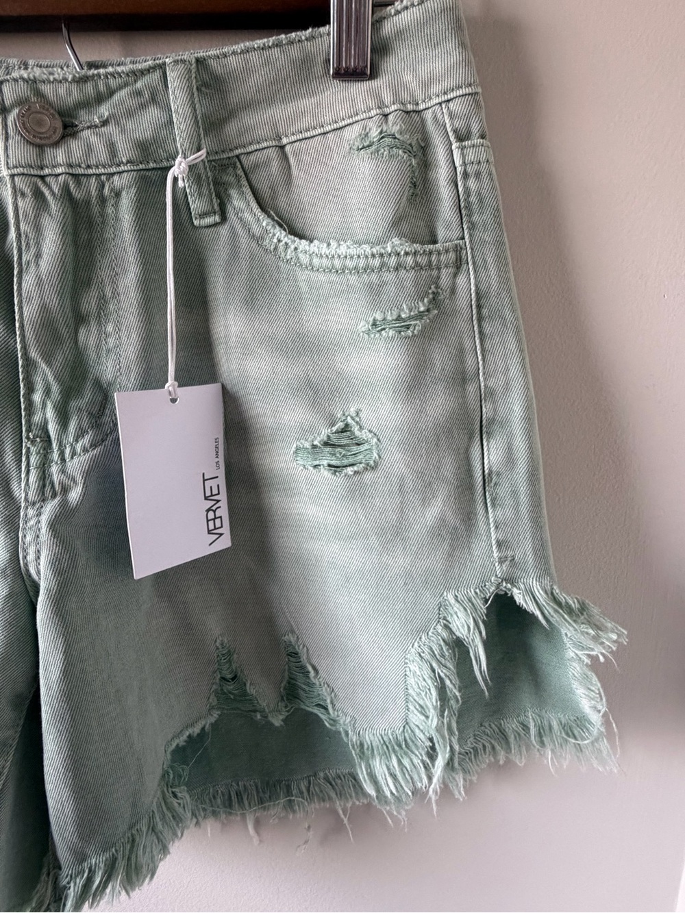 Vervet Sage Green Distressed Denim Shorts Size Small | Raw Hem High Rise| NWT - Picture 6 of 14